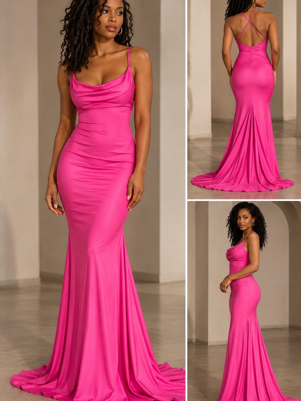 Hot Pink Cowl Neck Satin Evening Gown